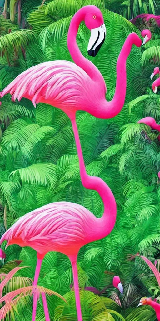 KREA a detailed pink flamingo in a lush jurassic landscape, hyper
