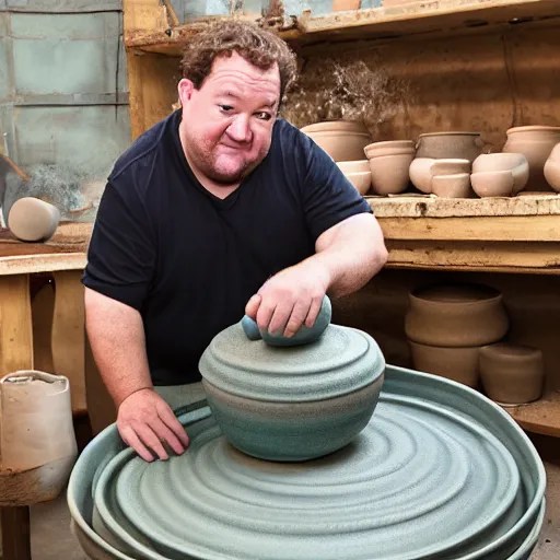 KREA johnny vegas making a huge teapot out of wet clay, on a pottery