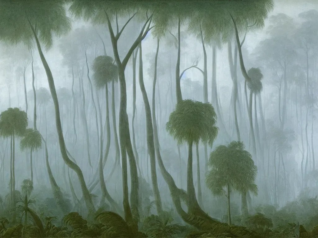 KREA Fog passing through a forest full of giant extinct exotic plants