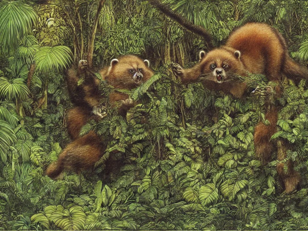 KREA a giant tanuki charging toward the viewer in a lush tropical