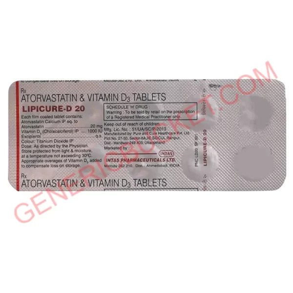 LipicureD 20 Tablet Atorvastatin/ Vitamin D3 (1000IU) genericbucket