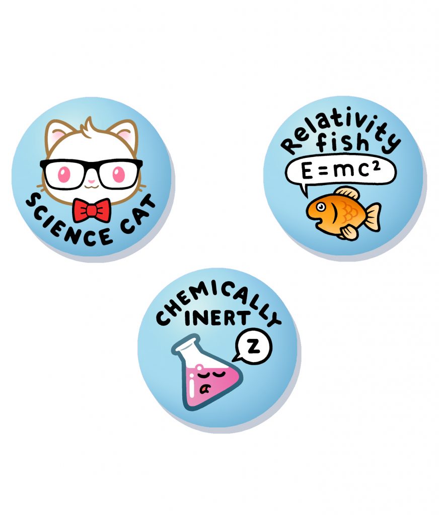 Cute Science three badge set original design at Genki Gear