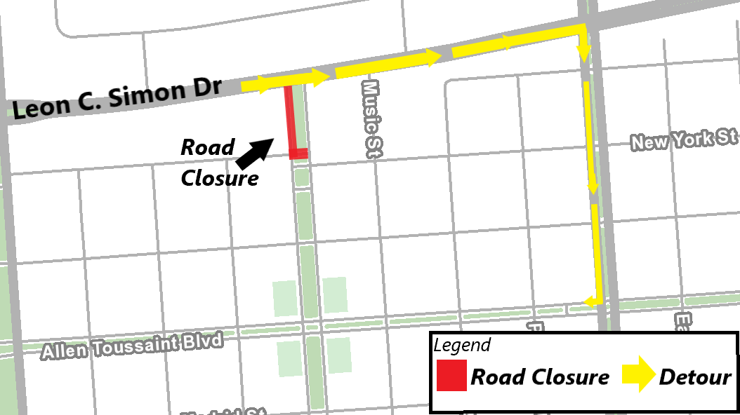 Roadwork ahead St. Roch Avenue lanes near Leon Simon Drive are closed