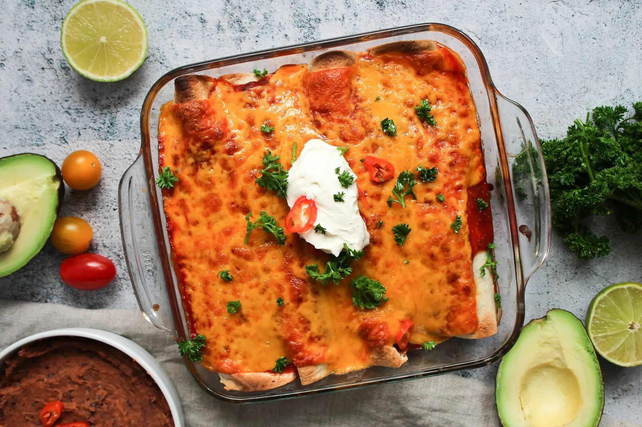 Vegetarische Enchiladas mit Kidneybohnen Überbackene Wraps Genuss des Lebens Vegetarische