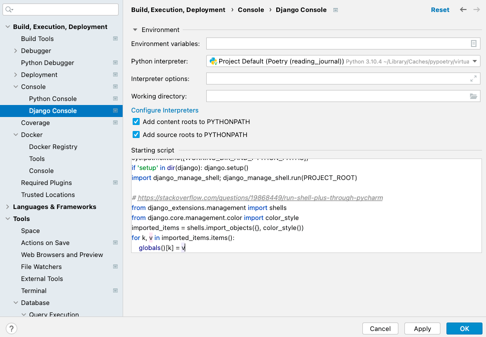 Adding `shell_plus` for Django to PyCharm's Python Console Brain