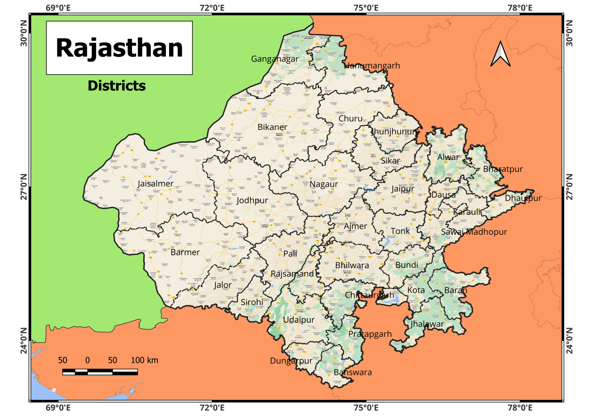 Rajasthan District Map free (Rajasthan Map Download) Geographical