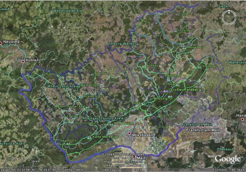 GoogleEarthPlacemarks (kmz) für das die Mittelgebirgsregion Taunus