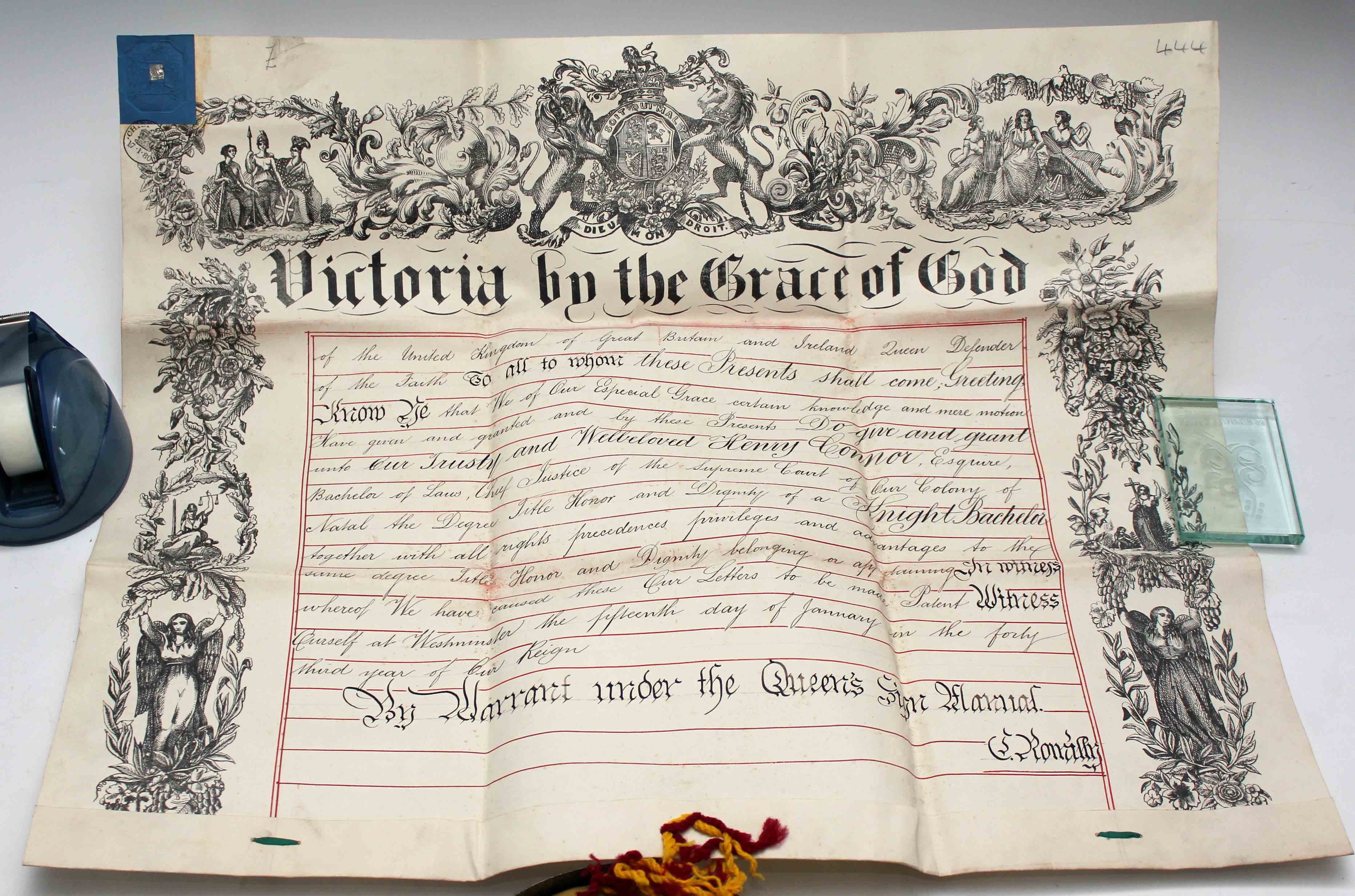 8968 Victorian Certificate of Knighthood with Seal in Red Leather