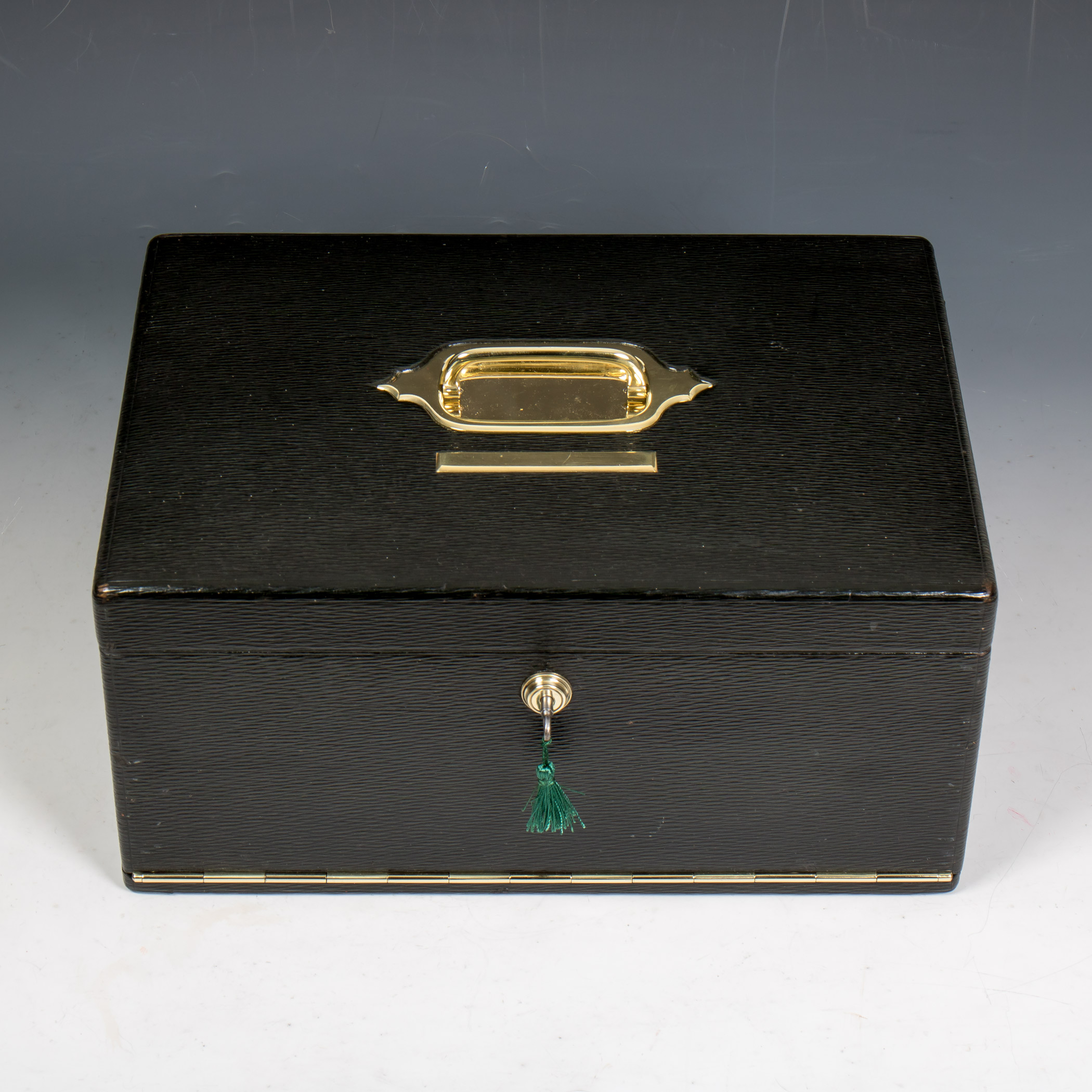 Large Victorian Black Leather Jewel Box with Four Side Extending Trays