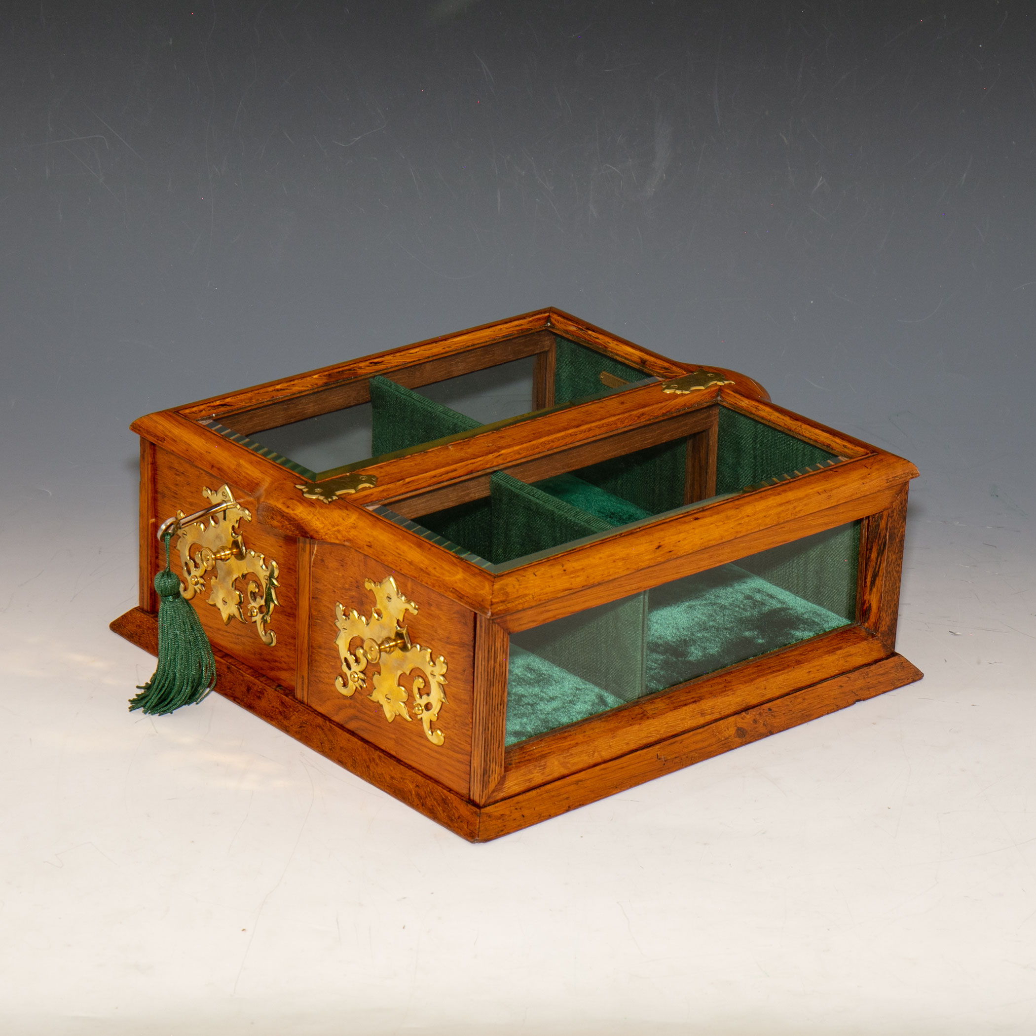 9909 An Edwardian Oak & Glass TableTop Jewellery Display Gerald Mathias