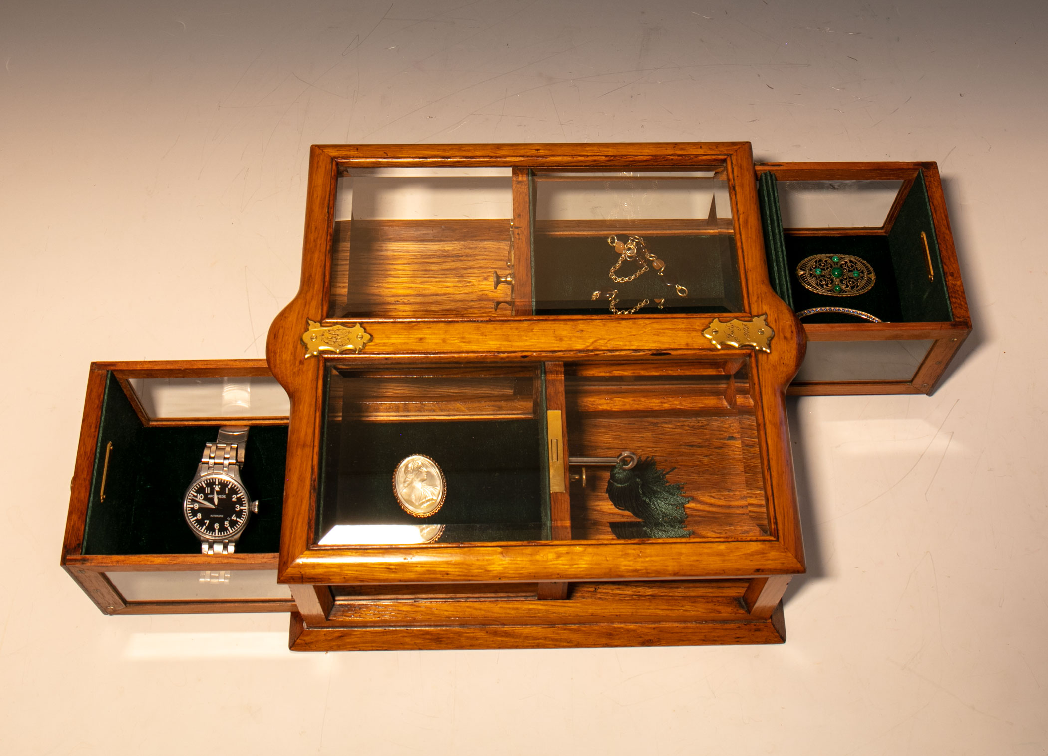 9909 An Edwardian Oak & Glass TableTop Jewellery Display Gerald Mathias