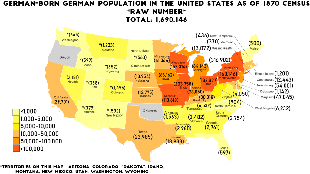 This map shows the Germanborn German population in the USA in 1870