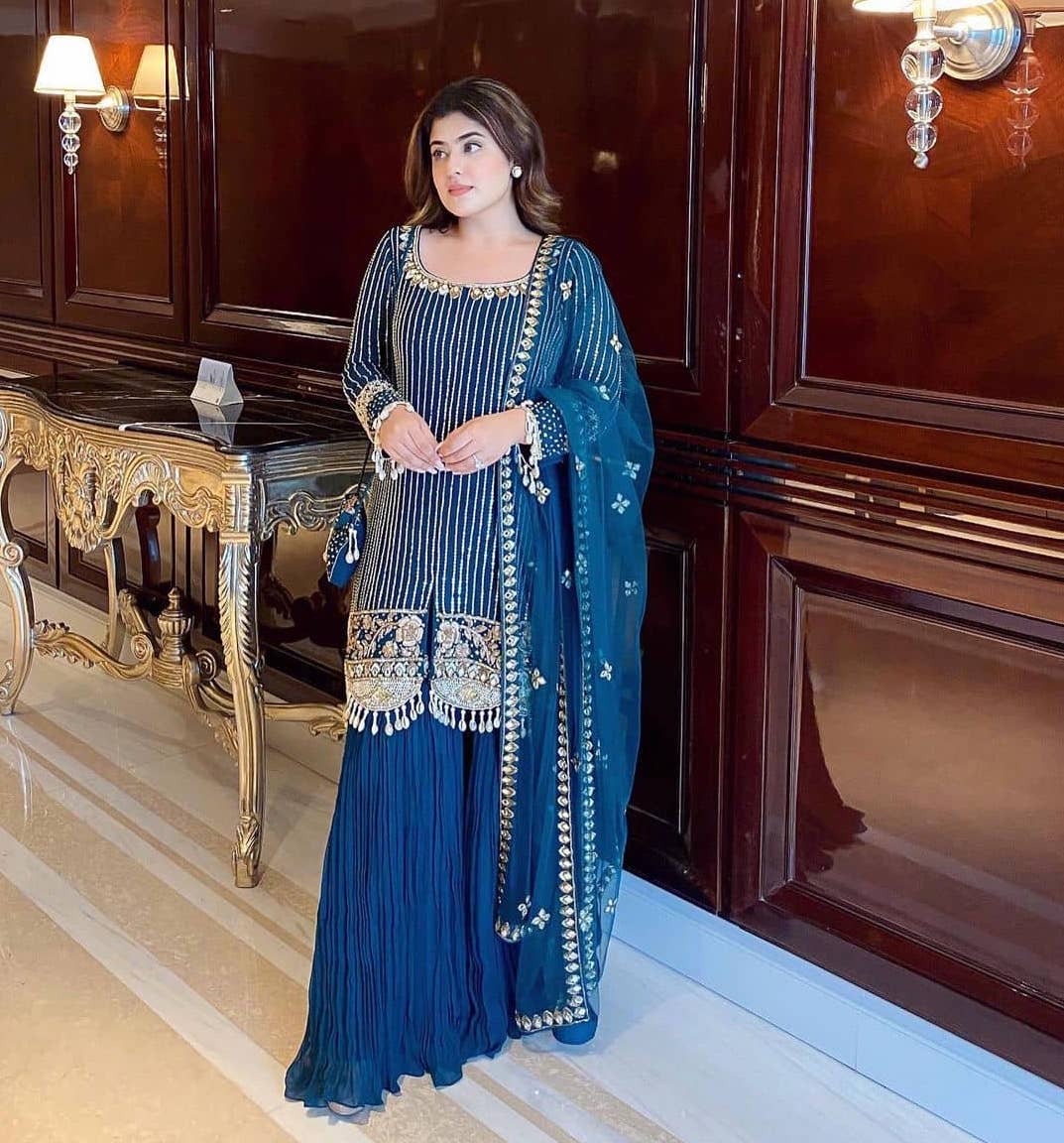 Charming Look Blue Color Base Designer Sharara Suit With