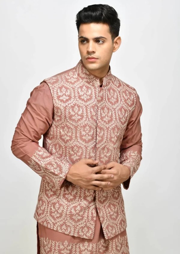 Dusty Rose Pink Embroidered Ethnic Jacket with KurtaPajama GetEthnic