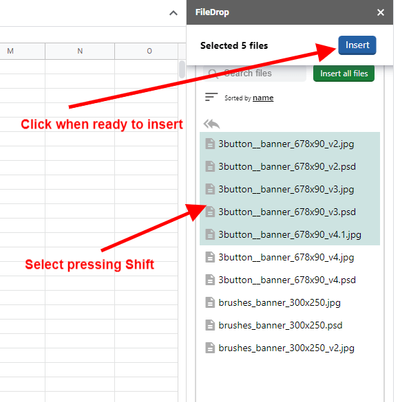 Select and insert multiple (bulk) files in your Google Sheet FileDrop