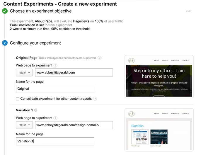 Website testing with Google Content Experiments Layout