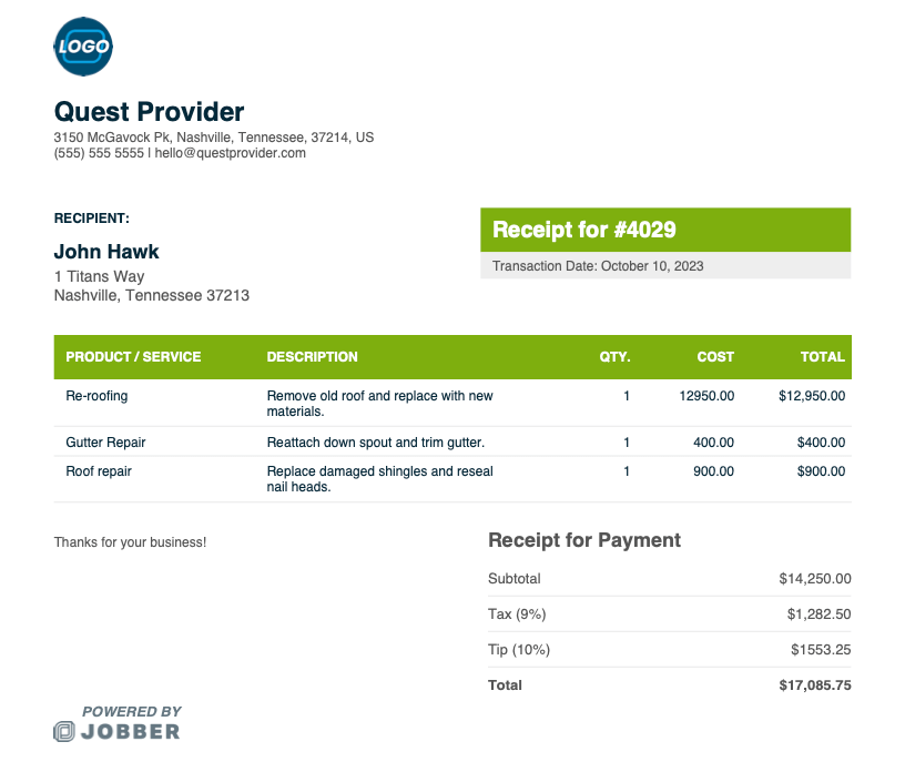 Free Roofing Receipt Template | Edit & Download | Jobber