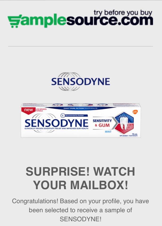 Possible Sensodyne Toothpaste Sample with SampleSource Get me FREE