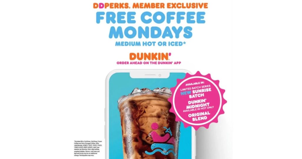 Dunkin Donuts Free Coffee Monday Medium Iced or Hot Coffee