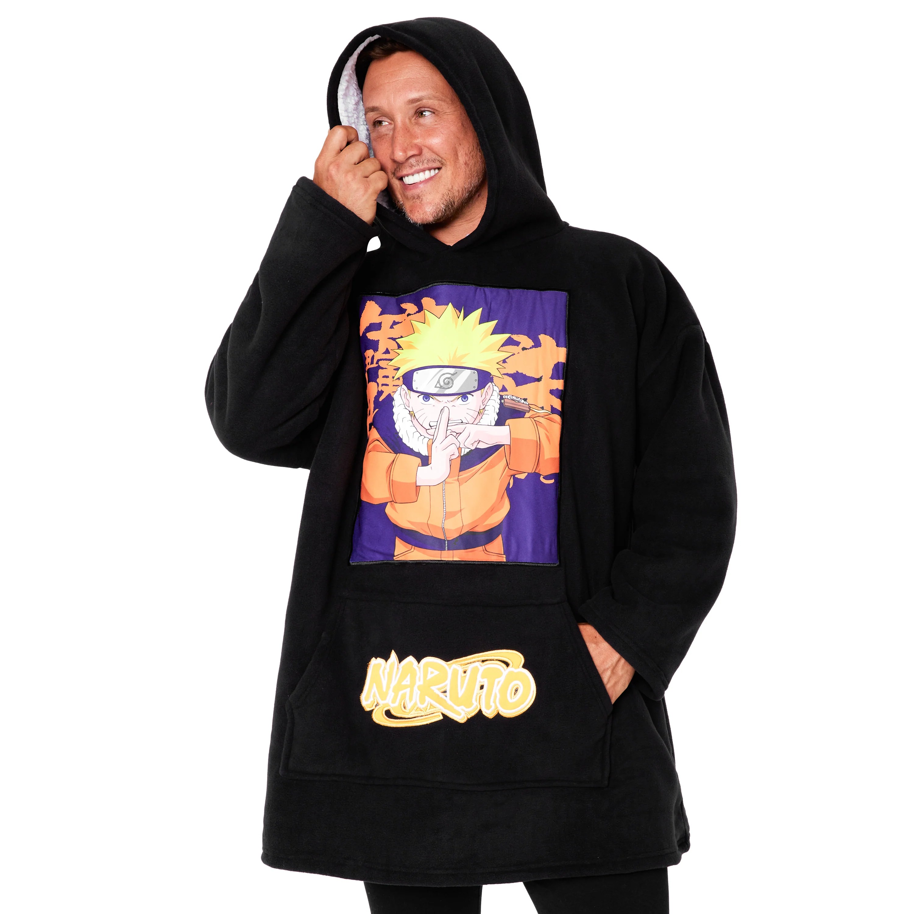 Naruto Blanket Hoodie for Men Black/Orange for sale