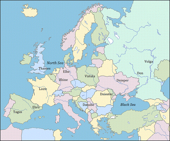 Rivers of Europe Map and Mountains