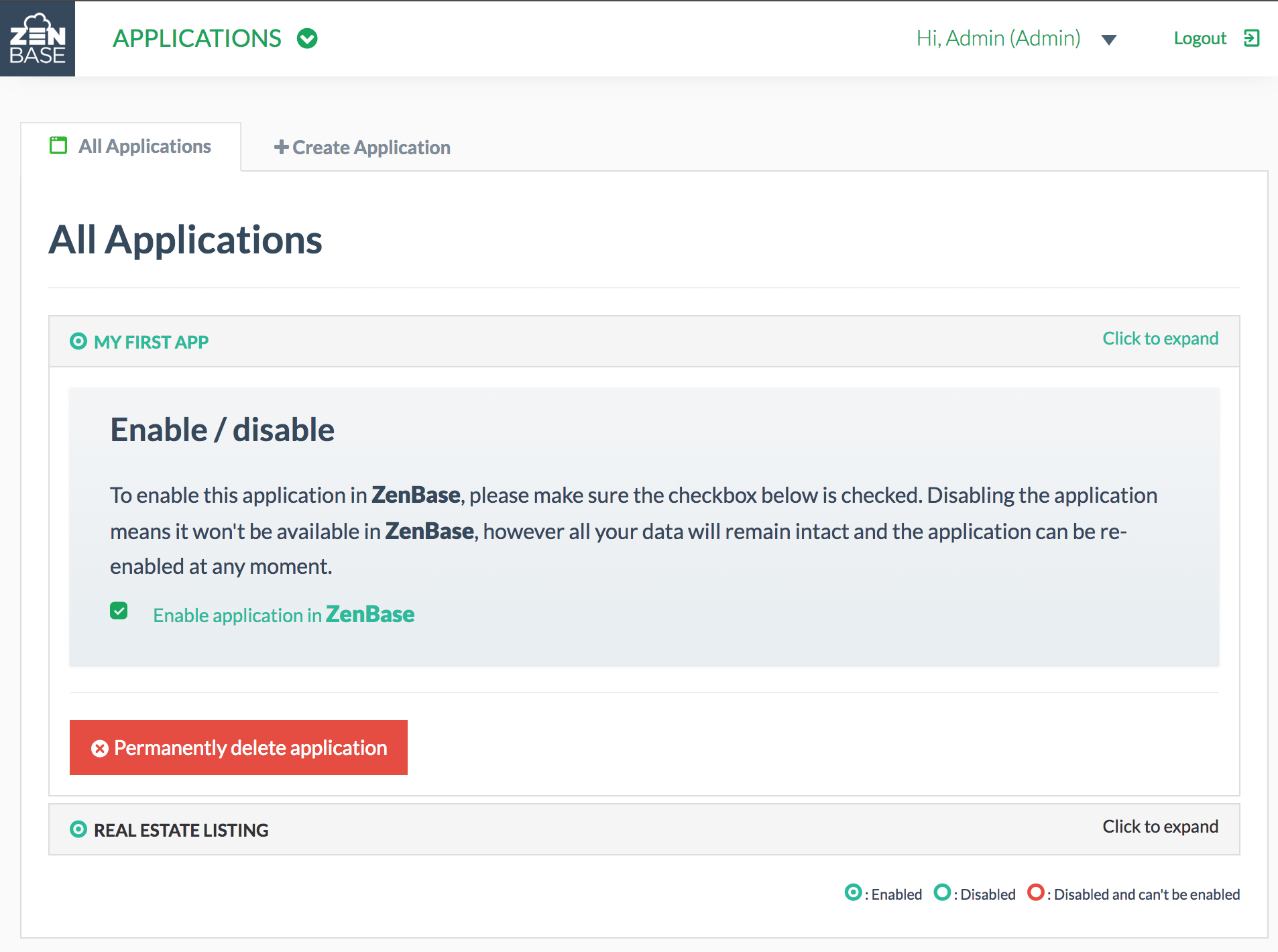 Enable/Disable an existing application ZenBase