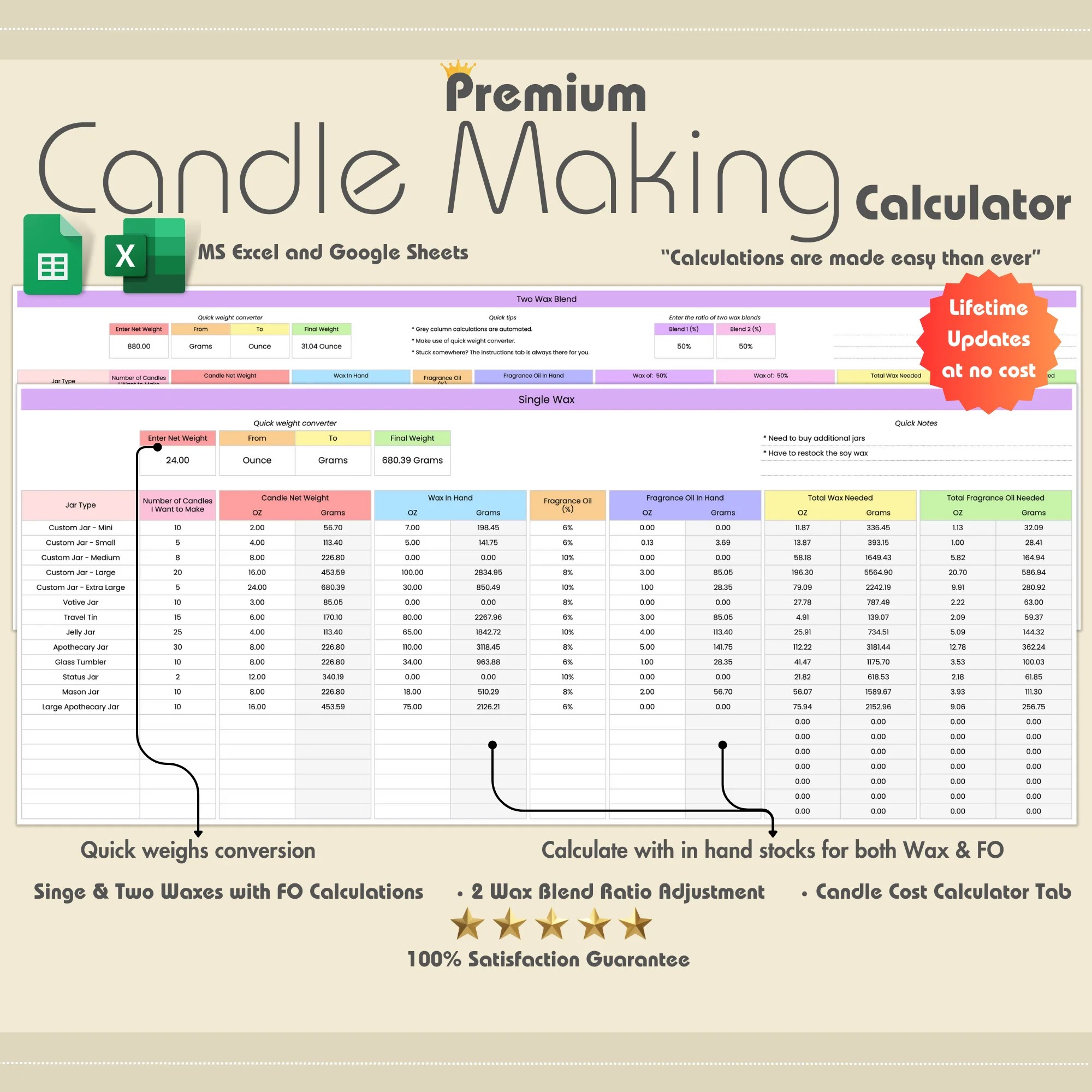Candle Making Calculator for Excel & Google Sheets Theme 1