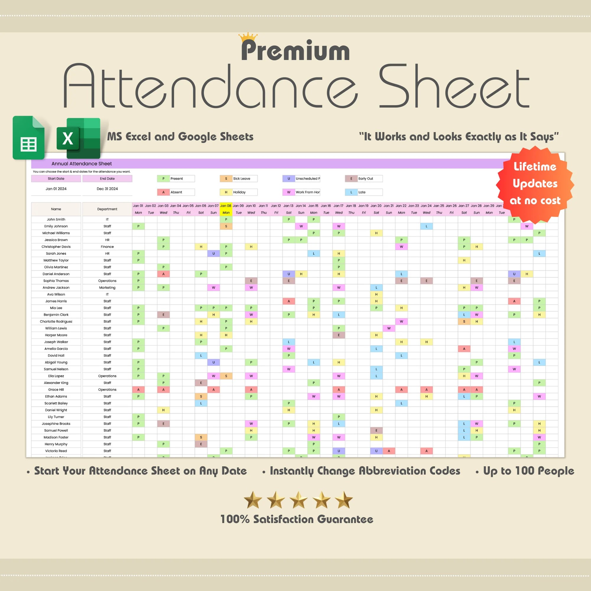 Premium Attendance Sheet for Excel & Google Sheets