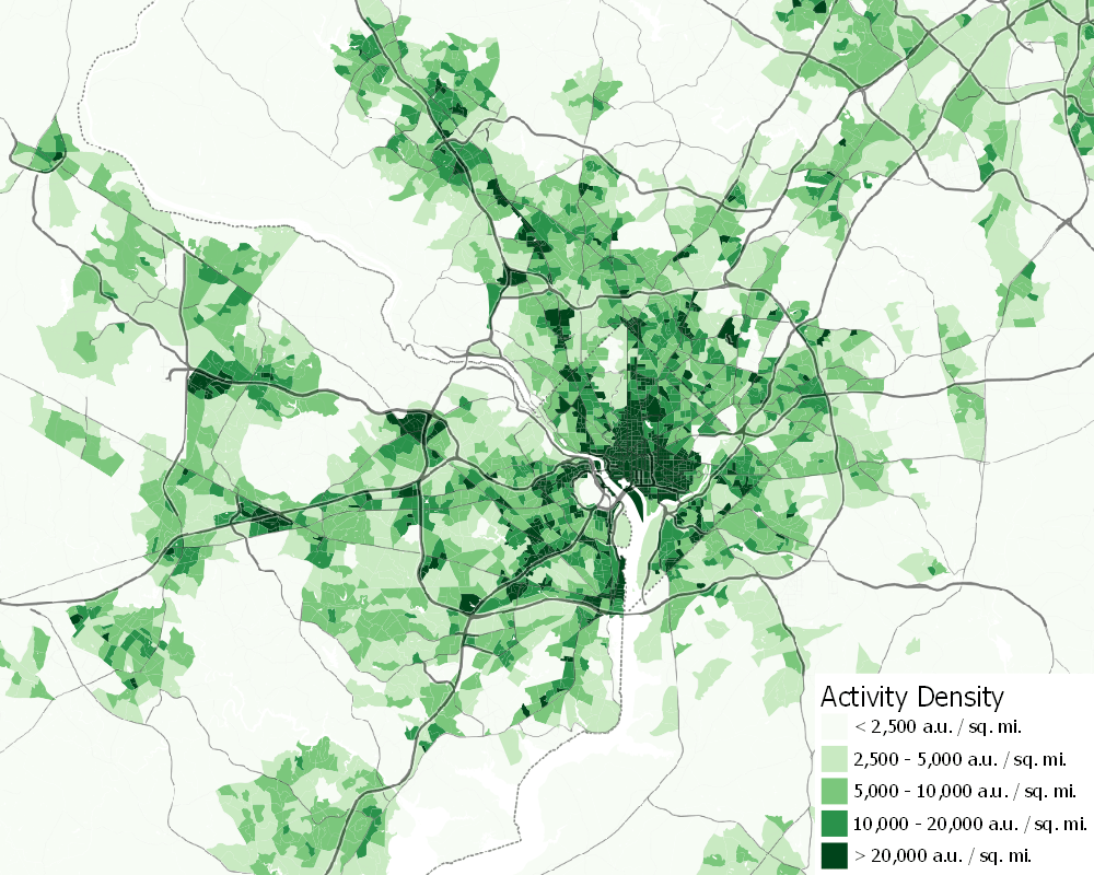 These maps show where the Washington region achieves walkable density
