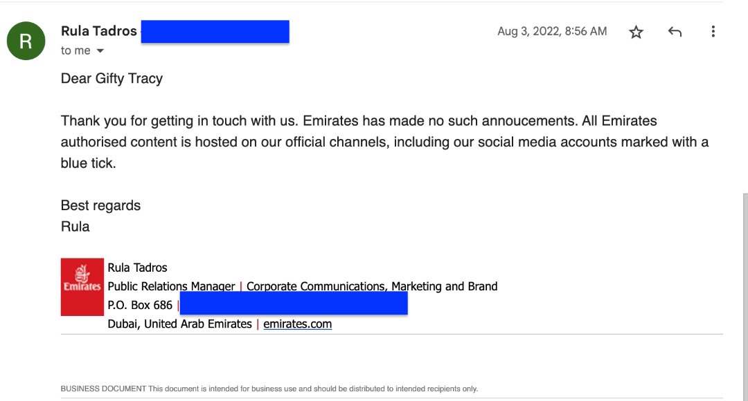 Emirates airline has not promised 1year free flight tickets to