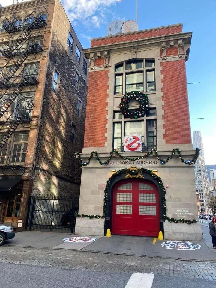 Hook & Ladder 8 displays Ghostbusters sign alongside Christmas