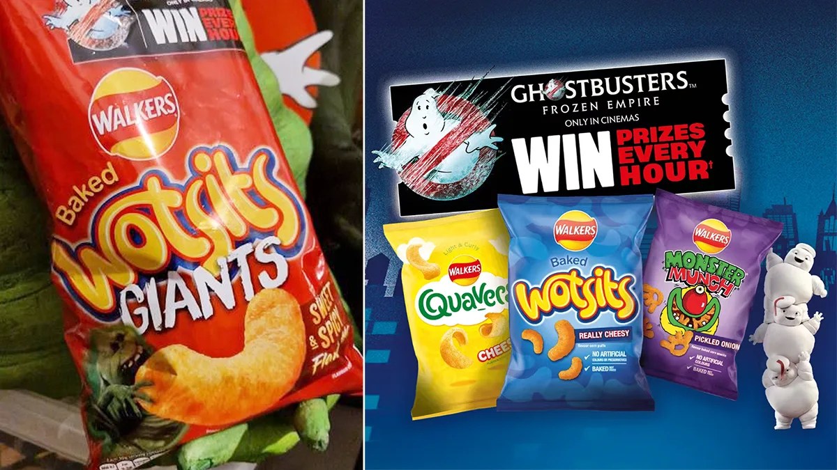 Slimer adorns Walkers snack food products in promotion of
