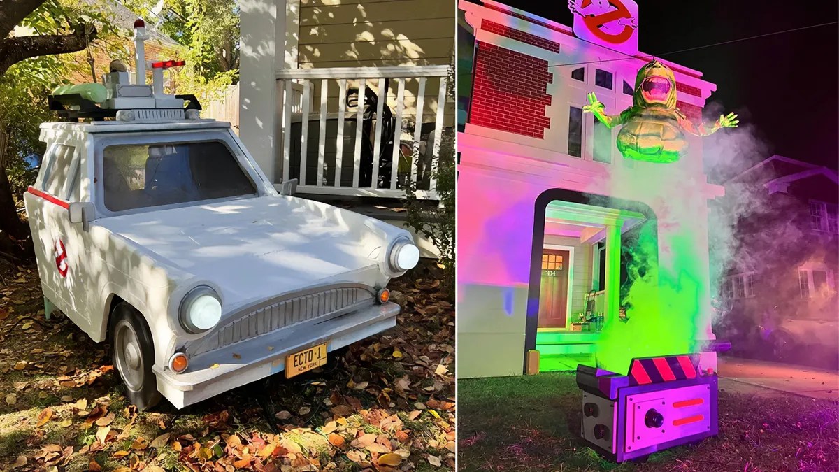 Epic Ghostbusters Halloween display recreates the Firehouse HQ, Ecto1