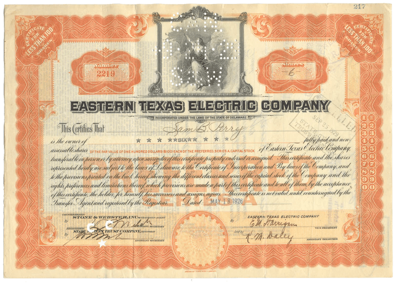 Eastern Texas Electric Company Stock Certificate Ghosts of Wall Street