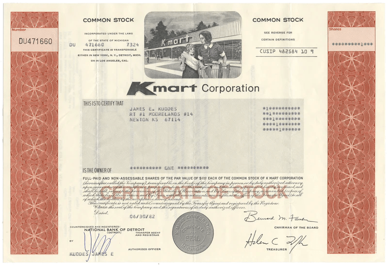 K Mart Corporation Stock Certificate Ghosts of Wall Street