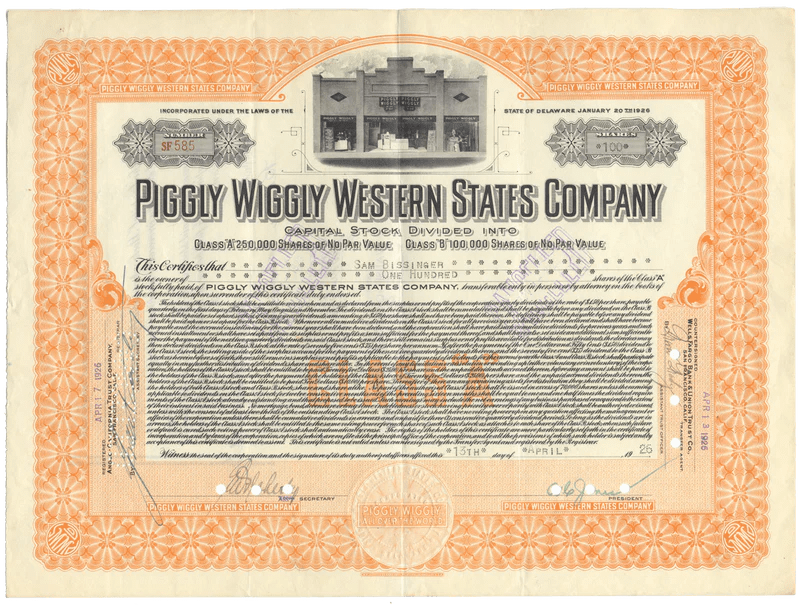 Piggly Wiggly Western States Company Stock Certificate Ghosts of Wall