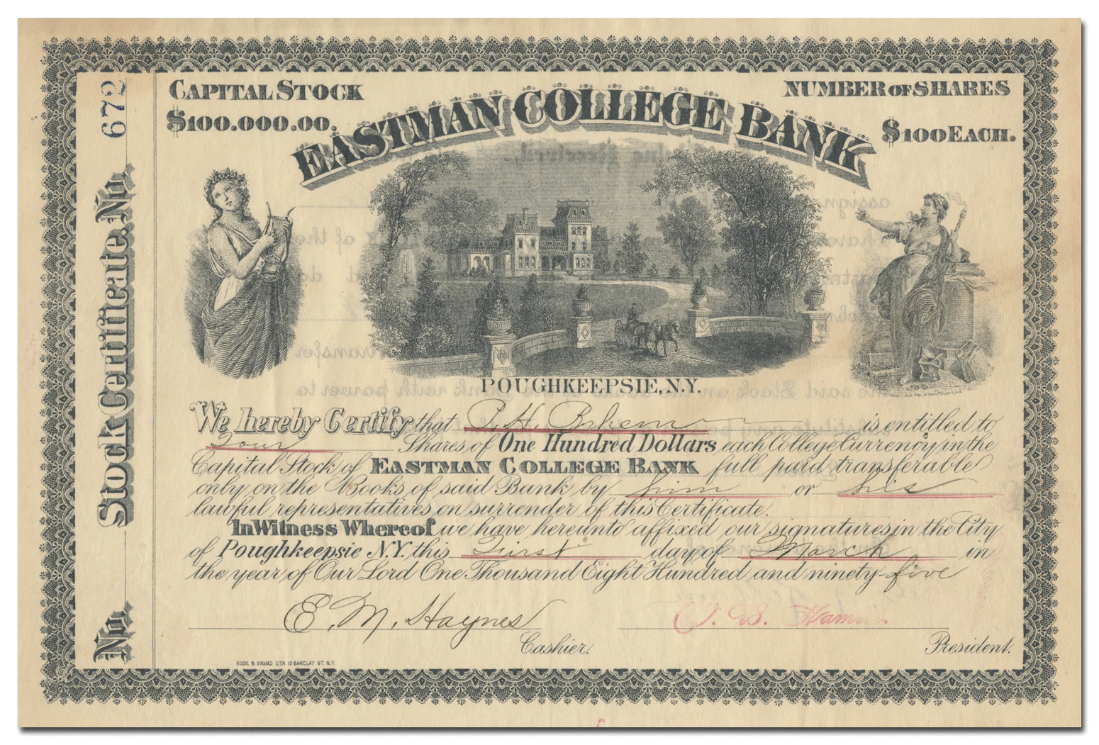 Eastman College Bank Stock Certificate Ghosts of Wall Street