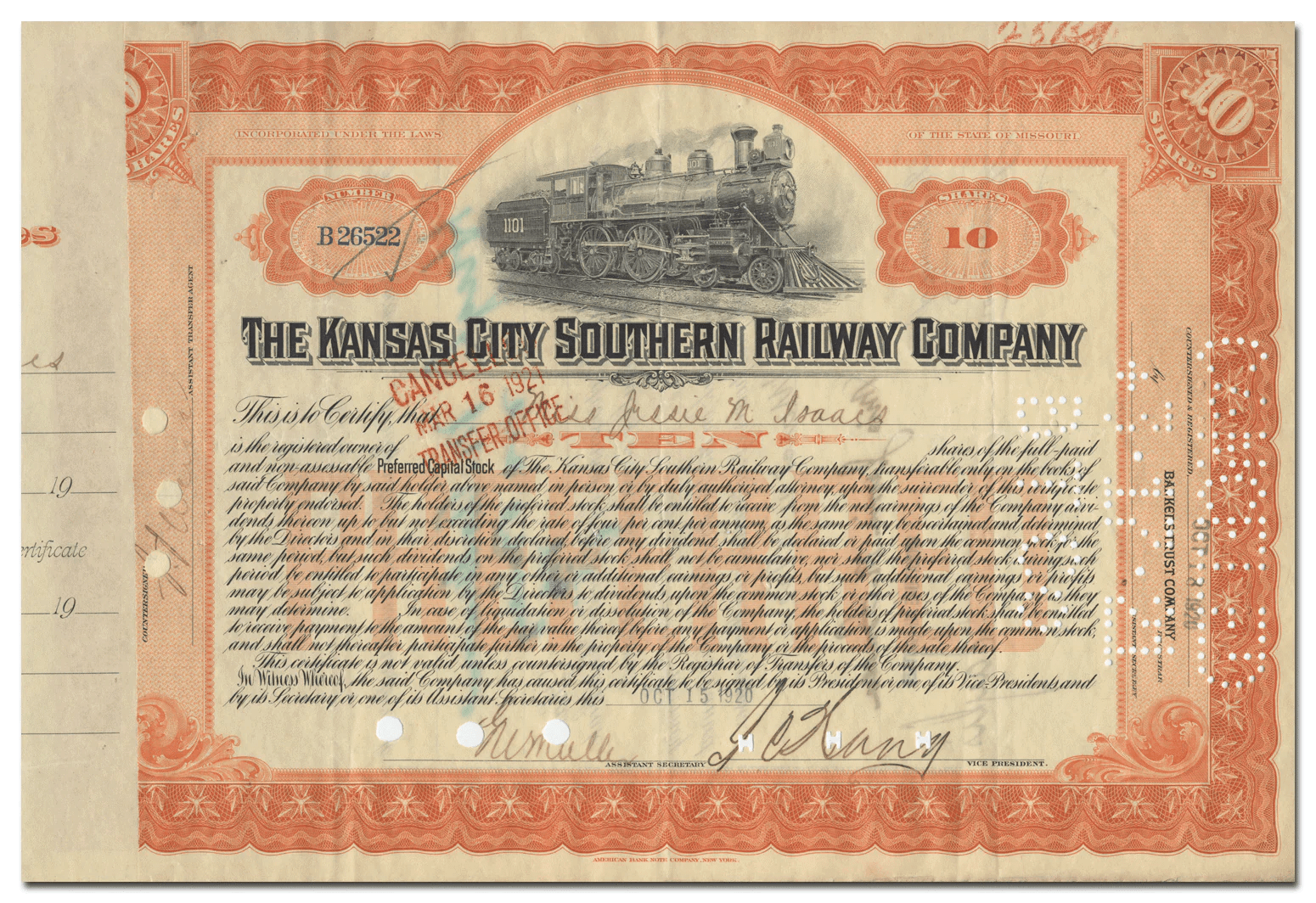 Kansas City Southern Railway Company Stock Certificate Ghosts of Wall Street