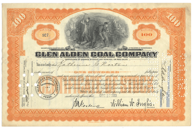 Glen Alden Coal Company Stock Certificate Ghosts of Wall Street