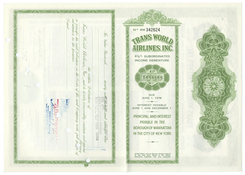 Trans World Air Lines (TWA) Bond Certificate Ghosts of Wall Street