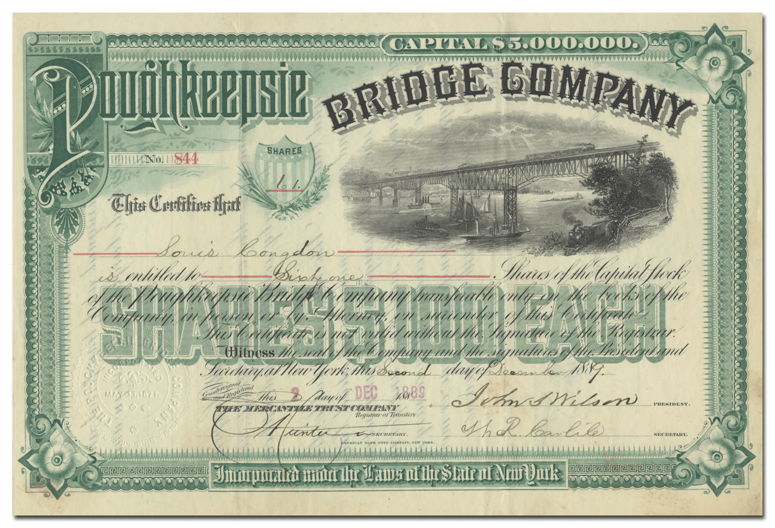 Poughkeepsie Bridge Company Stock Certificate Ghosts of Wall Street