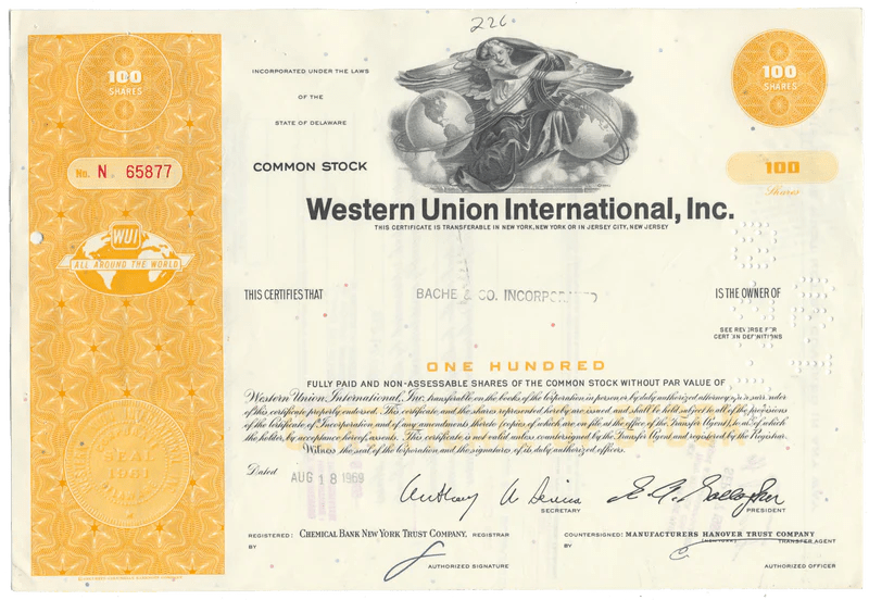 Western Union International, Inc. Stock Certificate Ghosts of Wall Street