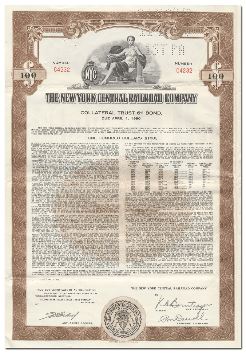 New York Central Railroad Co. Bond Certificate Ghosts of Wall Street