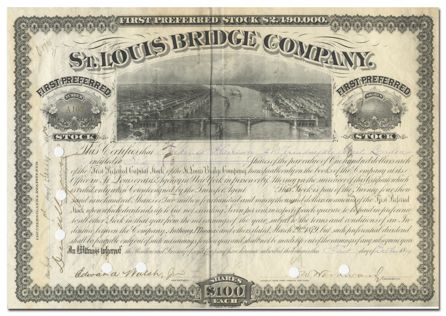 St. Louis Bridge Company Stock Certificate Ghosts of Wall Street