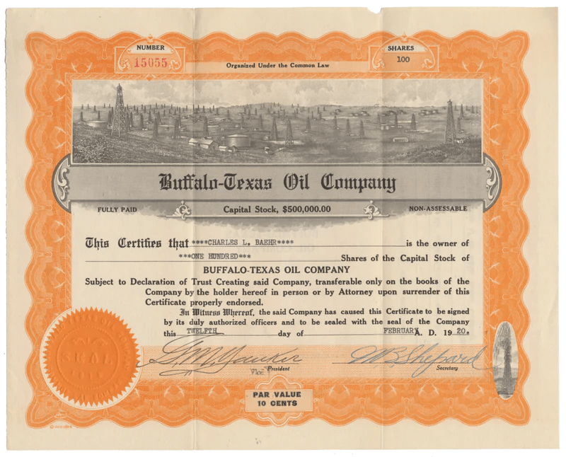 BuffaloTexas Oil Company Stock Certificate Ghosts of Wall Street