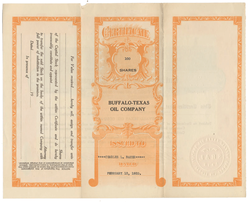 BuffaloTexas Oil Company Stock Certificate Ghosts of Wall Street