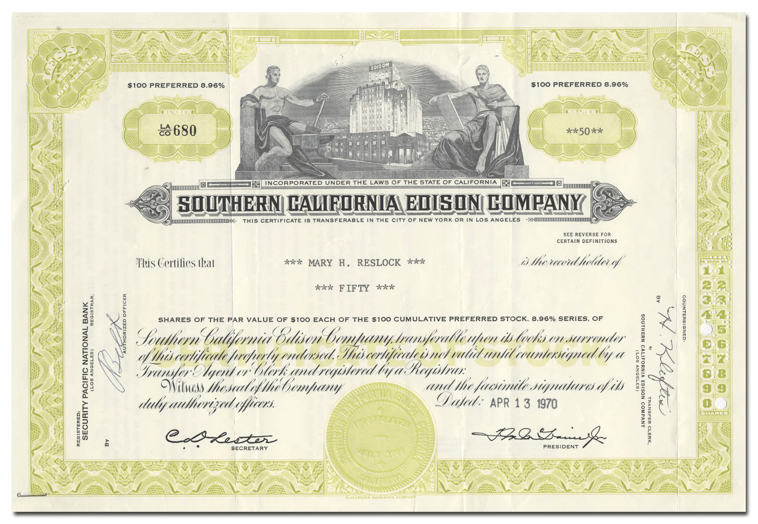 Southern California Edison Company Stock Certificate Ghosts of Wall