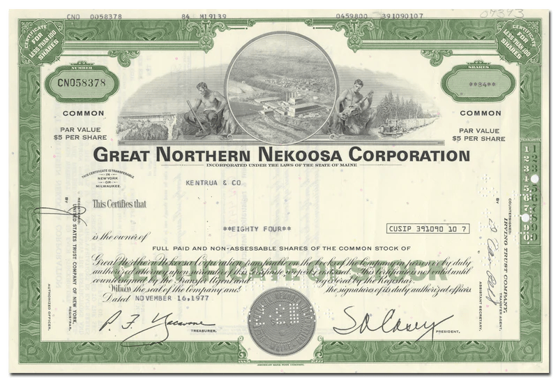 Great Northern Nekoosa Corporation Stock Certificate Ghosts of Wall