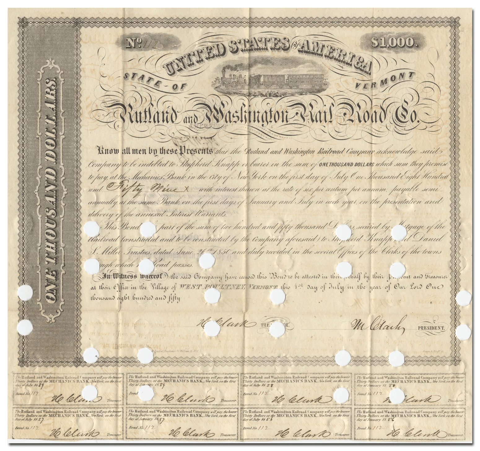 Rutland and Washington Rail Road Company Bond Certificate Ghosts of