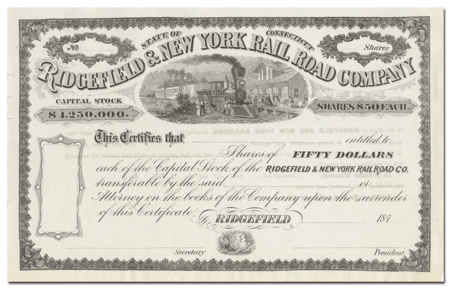 Ridgefield & New York RR Co Stock Certificate Ghosts of Wall Street